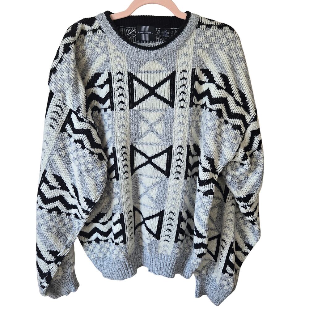 VINTAGE Men's Expressions Crew Neck Sweater Large Grey Geometric